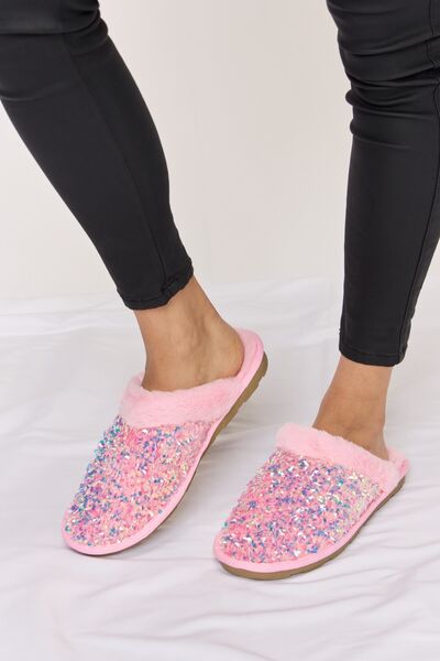 Pink Sequin Plush Round Toe Slippers - Tigbul's Variety Fashion Shop