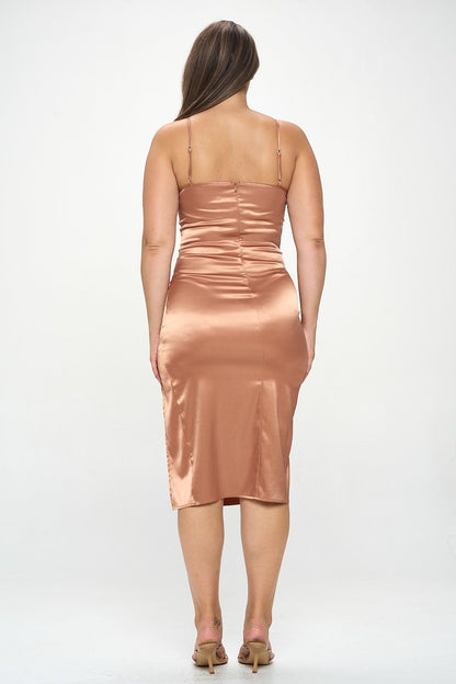 Plus Solid Satin Front Knot Bodycon Midi Dress - Tigbul's Variety Fashion Shop