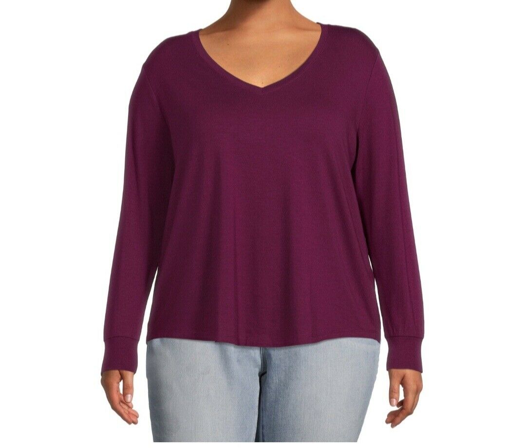 Plus Size Purple V-Neck Semi Fitted T-Shirt with Long Sleeves - Tigbul's Variety Fashion Shop