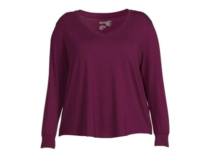 Plus Size Purple V-Neck Semi Fitted T-Shirt with Long Sleeves - Tigbul's Variety Fashion Shop