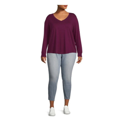 Plus Size Purple V-Neck Semi Fitted T-Shirt with Long Sleeves - Tigbul's Variety Fashion Shop