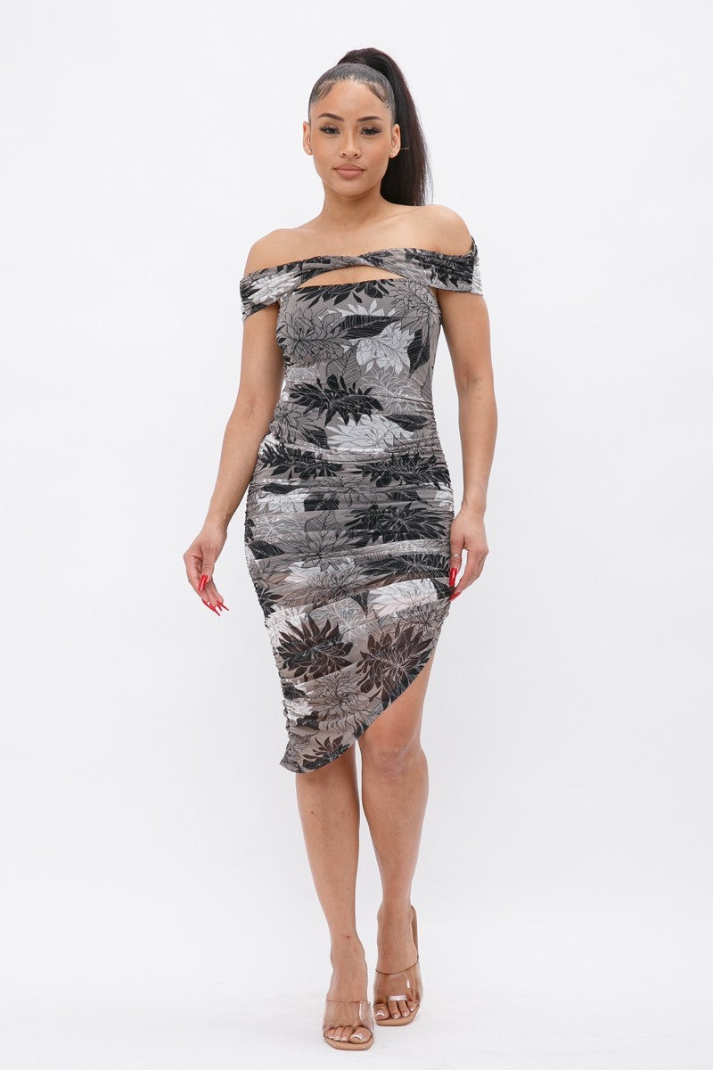 Printed mesh off-shoulder dress with leaf print, fitted midi silhouette and side slit