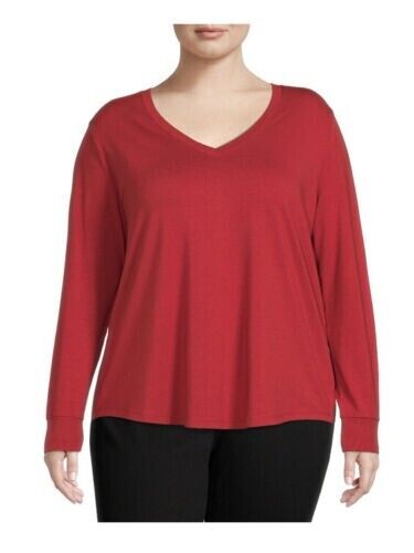 Plus 4XL,5XL, Red V-Neck Semi Fitted T-Shirt with Long Sleeves - Tigbul's Variety Fashion Shop