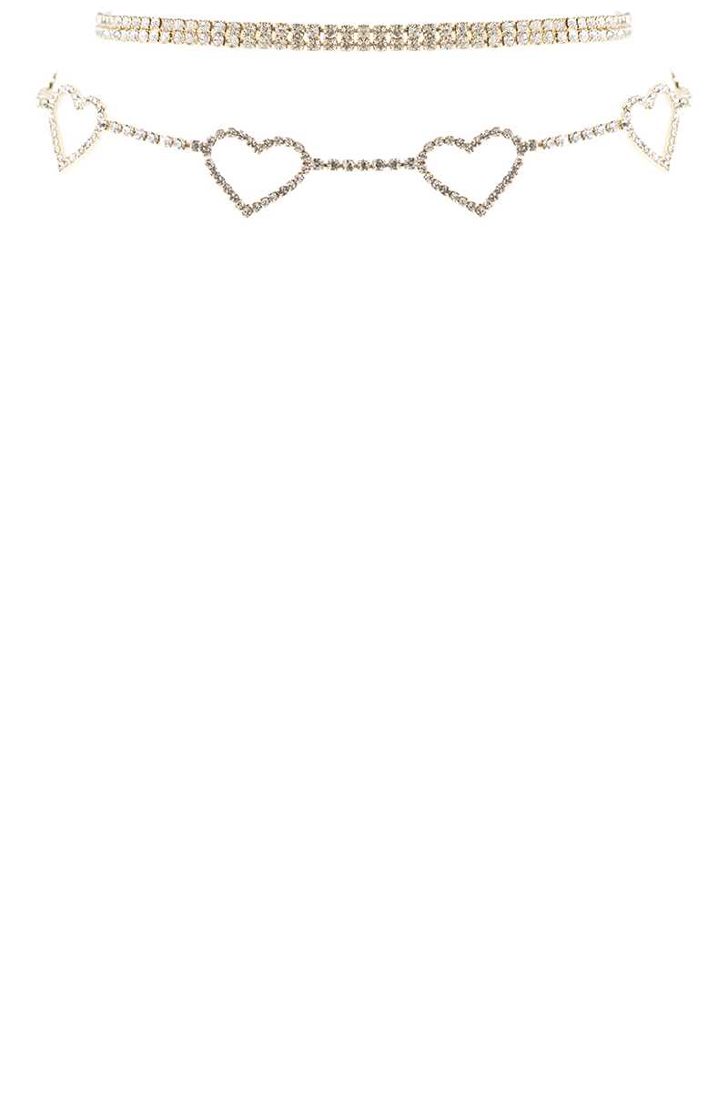 Rhinestone Heart Choker necklace, gold-tone, five heart charms