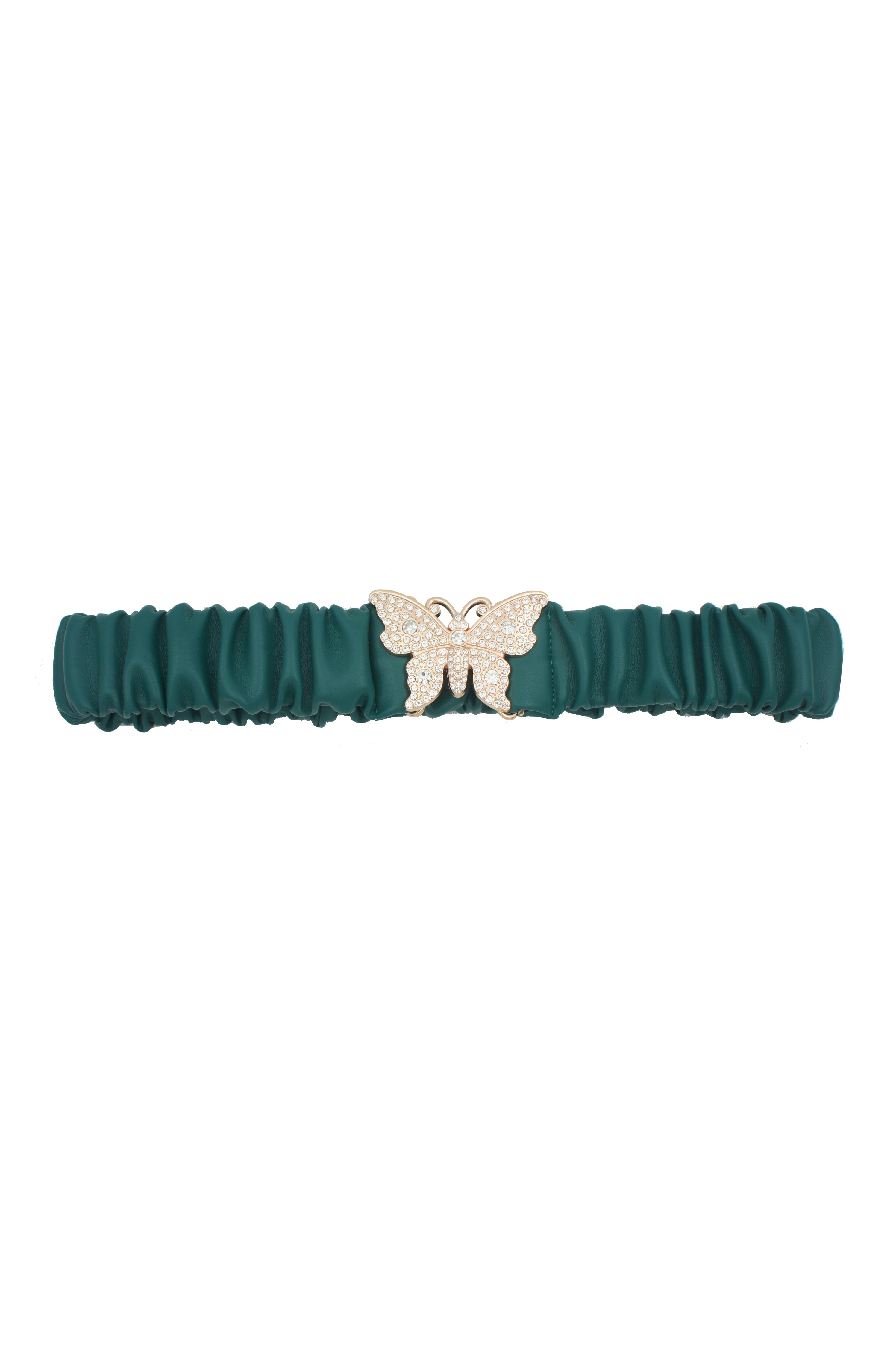 Rhinestone butterfly ruched elastic back belt, forest green