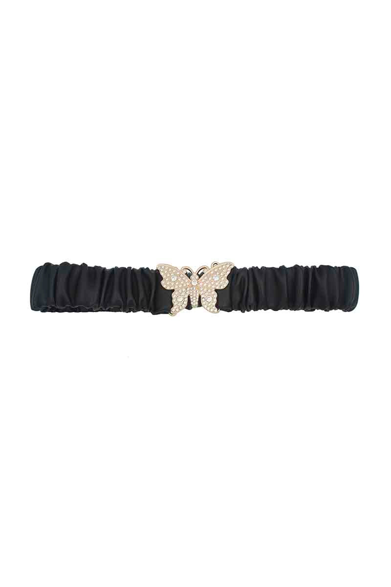 Rhinestone butterfly ruched elastic back belt, black