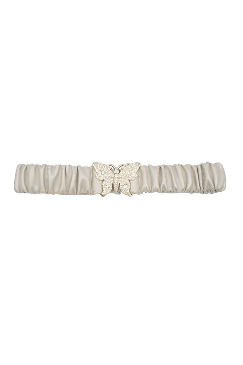 Rhinestone butterfly ruched elastic back belt, champagne