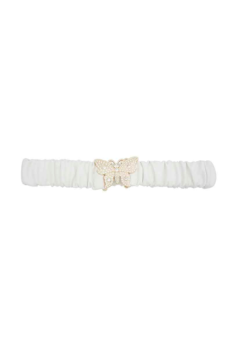 Rhinestone butterfly ruched elastic back belt, white