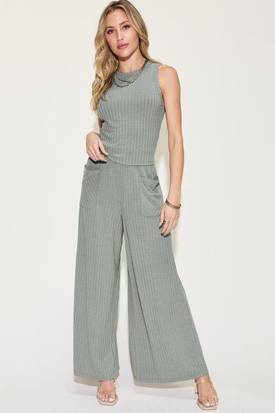 Ribbed Tank and Wide Leg Pants Set - Tigbul's Variety Fashion Shop