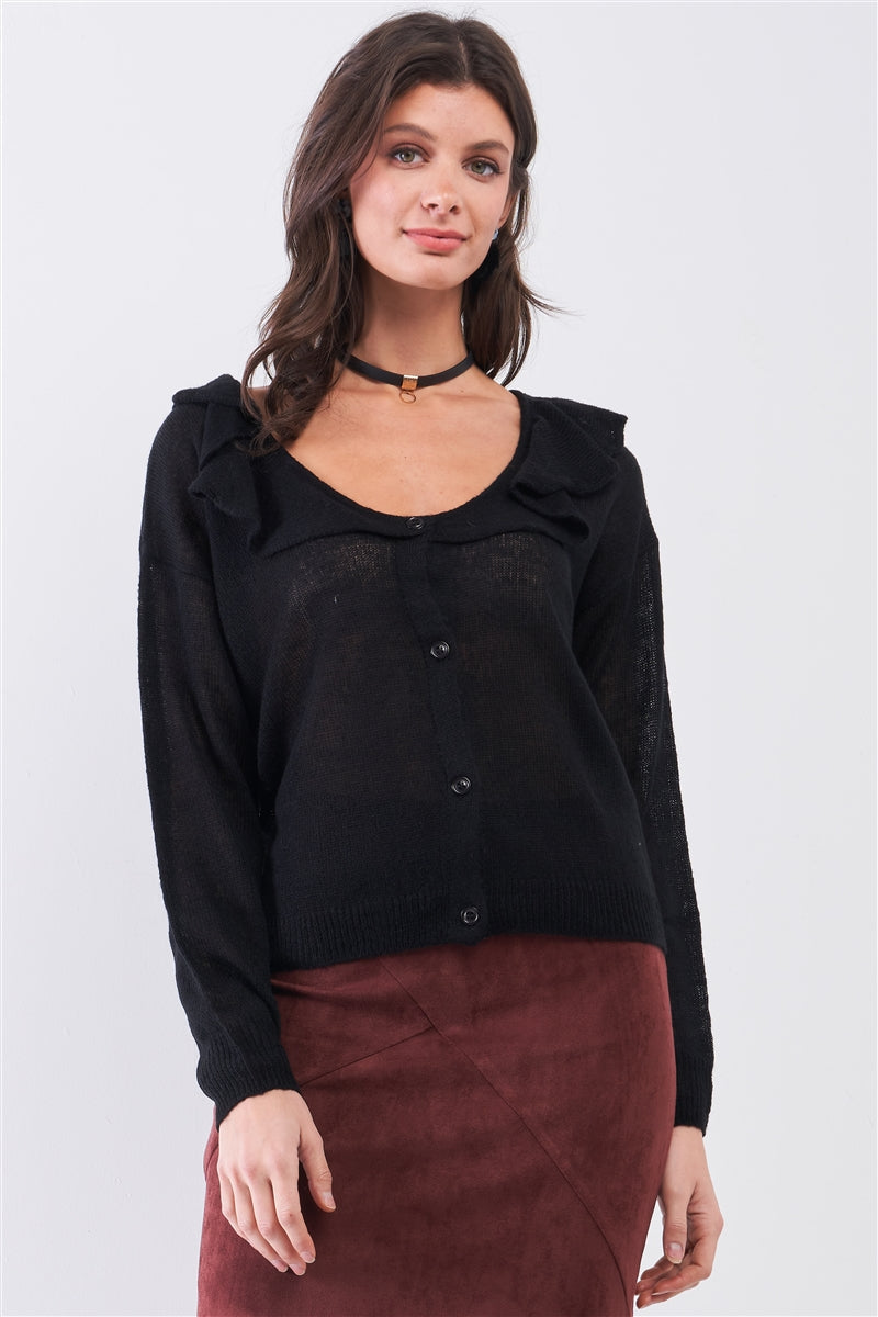 Black button-front cardigan with ruffled bertha collar and round neck