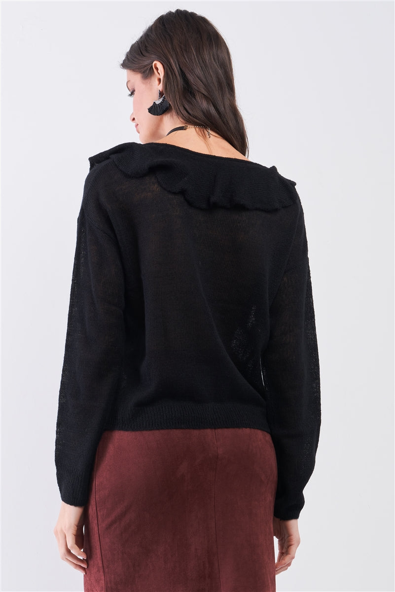 Back view of black button-front cardigan with ruffled shoulder bertha collar