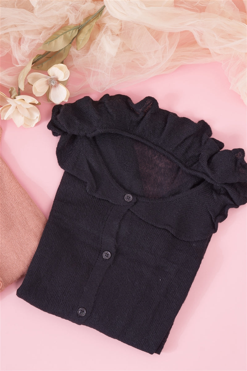 Black ruffled bertha-collar cardigan with button front and long sleeves (flat lay)