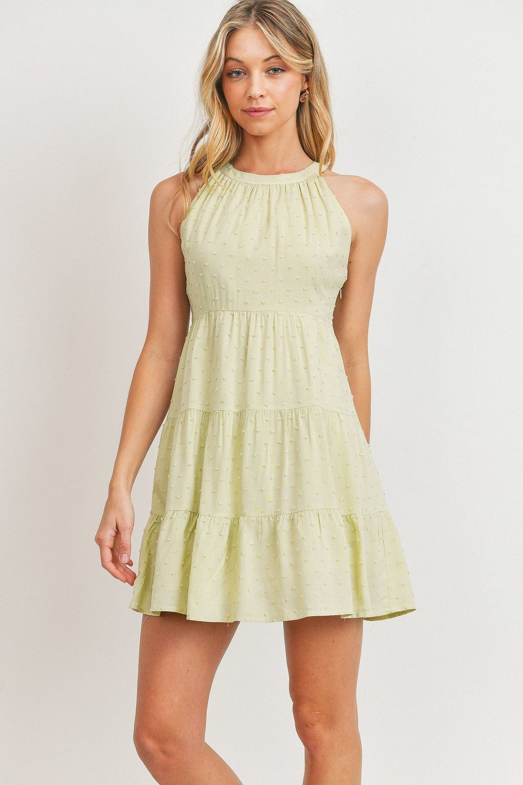 Roundneck sleeveless dotted Swiss dress, tiered skirt, light yellow