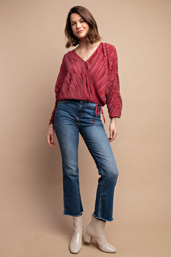 Satin pleated drawstring top with snap button, burgundy V-neck