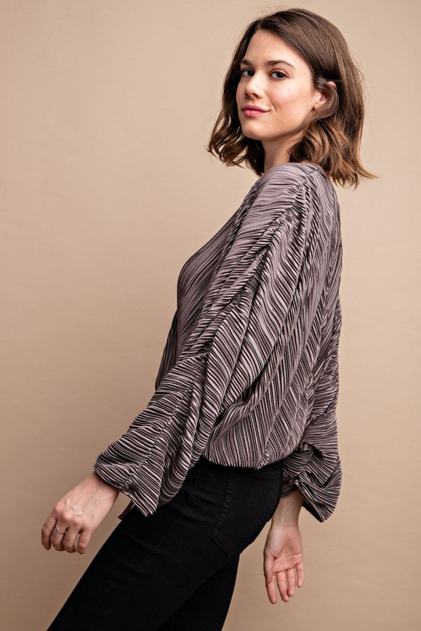 Silvery satin pleated top, long puffed sleeves, V-neck overlap, drawstring ties