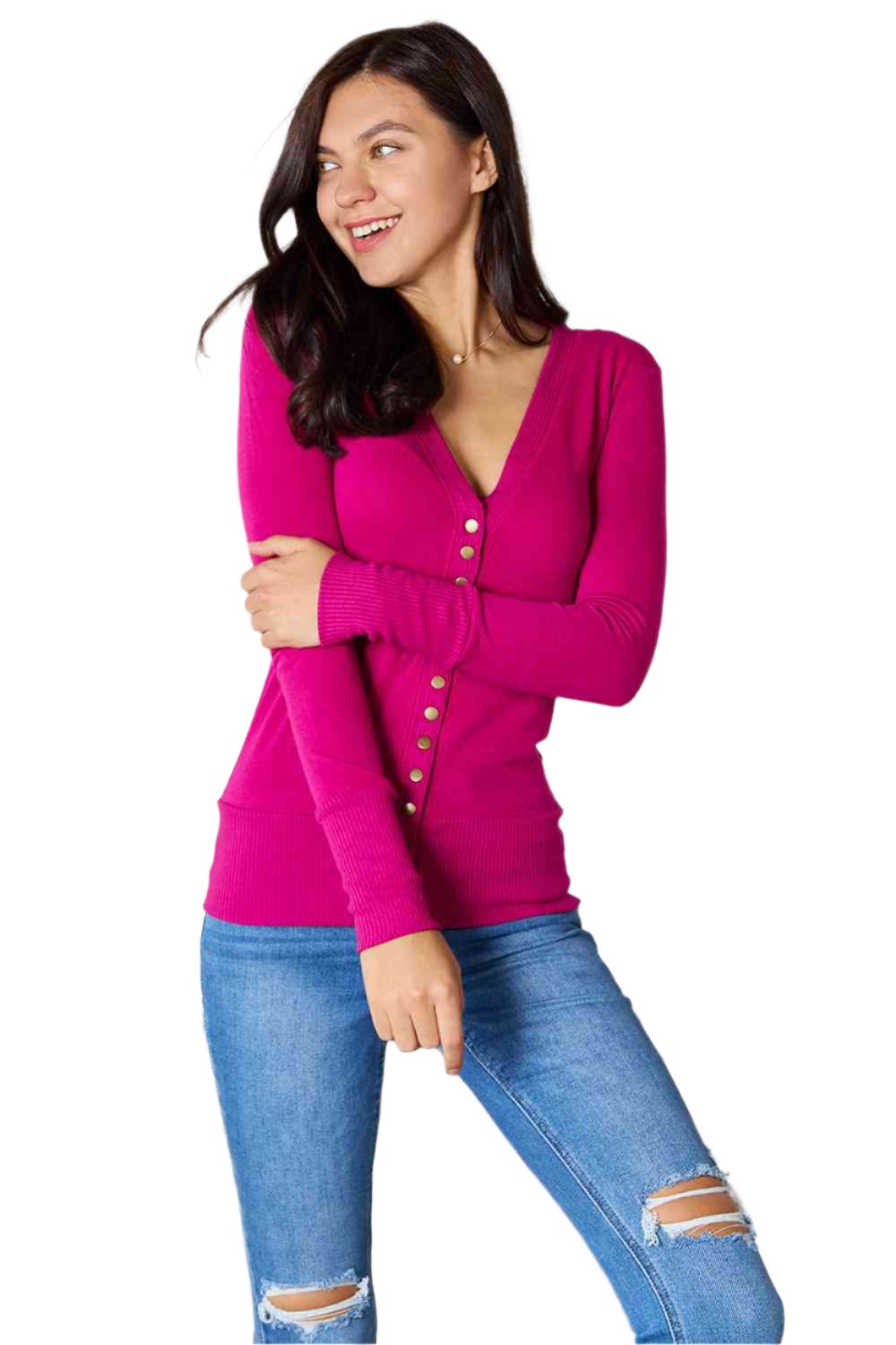 Magenta V-neck cardigan with long sleeves, button placket, ribbed hem