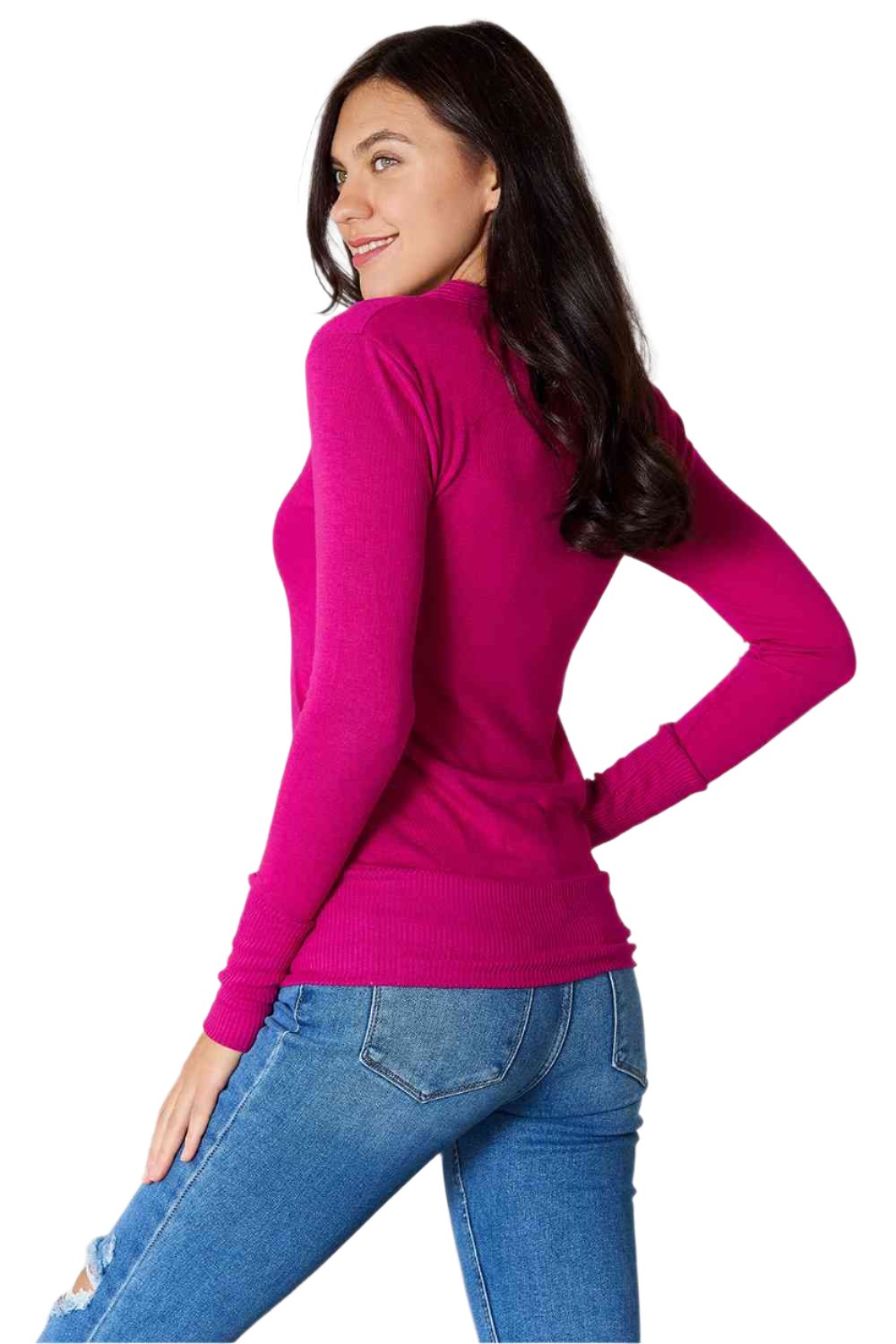 Magenta long-sleeve cardigan with ribbed waistband and cuffs