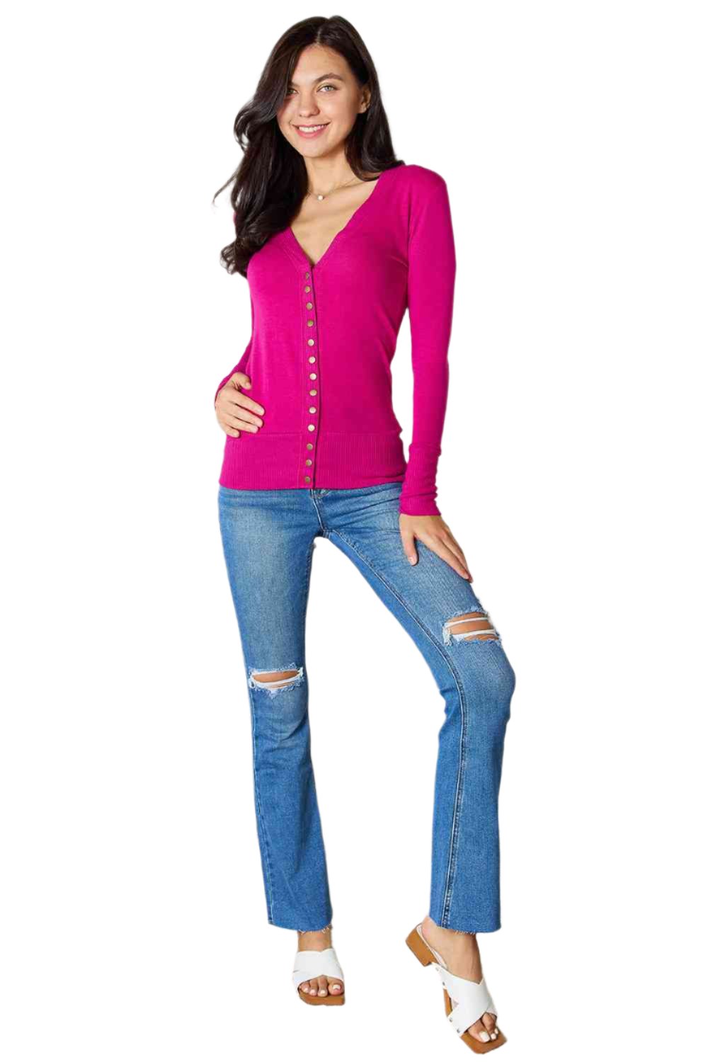 Magenta V-neck long-sleeve cardigan with center-button front, Size XL