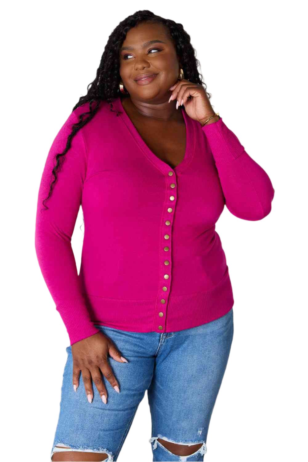 Magenta V-neck button cardigan with long sleeves and ribbed trim