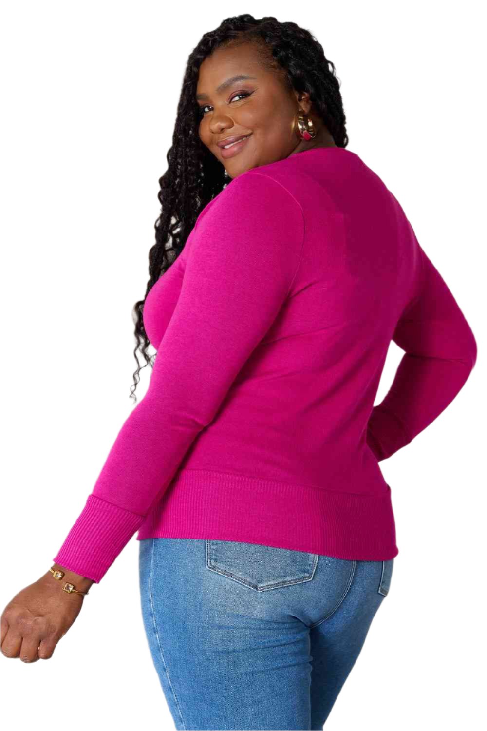 Magenta cardigan back view with ribbed hem and long sleeves