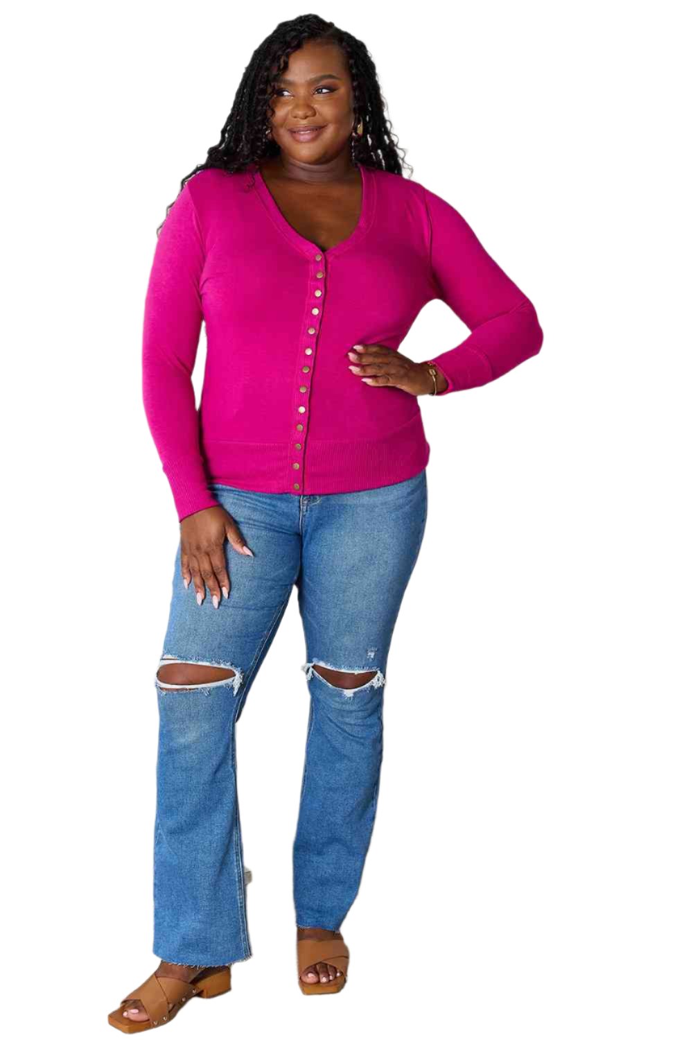 Magenta V-neck long-sleeve cardigan with button front and ribbed cuffs, Size XL