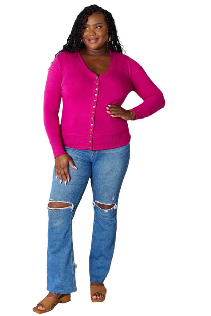 Size XL V-Neck Long Sleeve Fuchsia Cardigan - Tigbul's Variety Fashion Shop