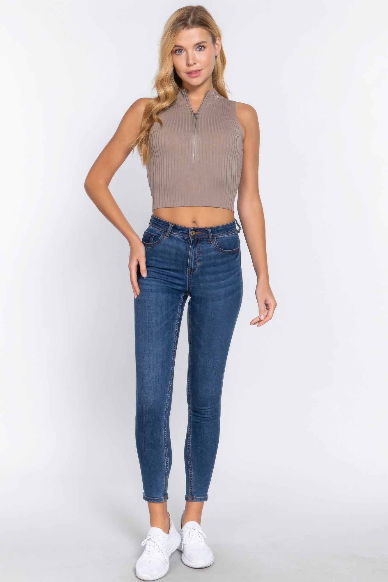 Oyster khaki sleeveless rib sweater top with half-zip neckline