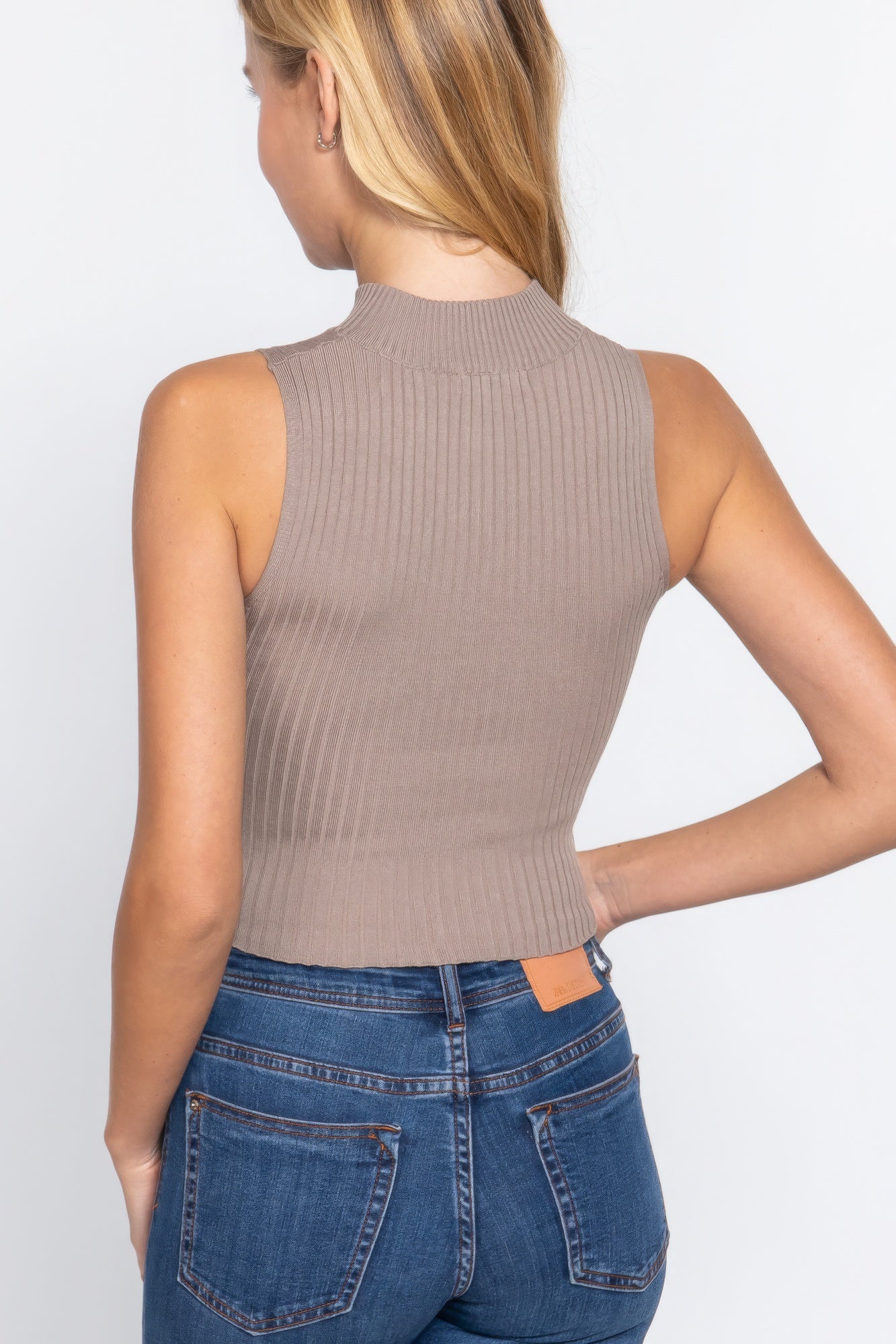 Back view of oyster khaki sleeveless rib sweater top