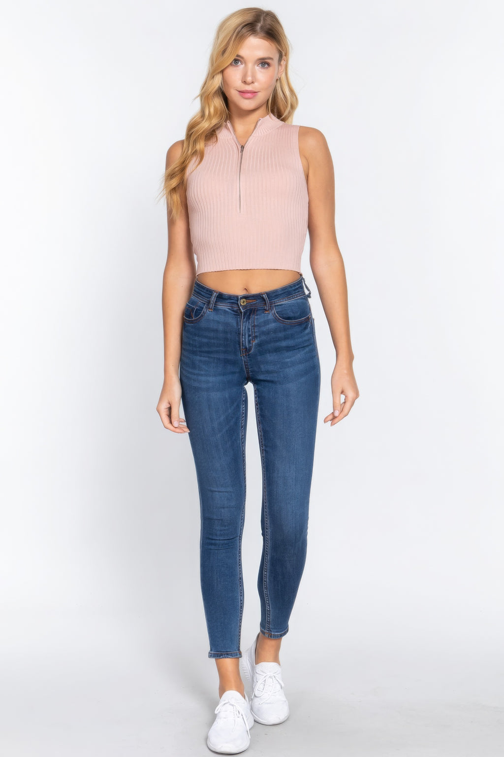 Cloud pink sleeveless rib sweater top with zip neckline detail