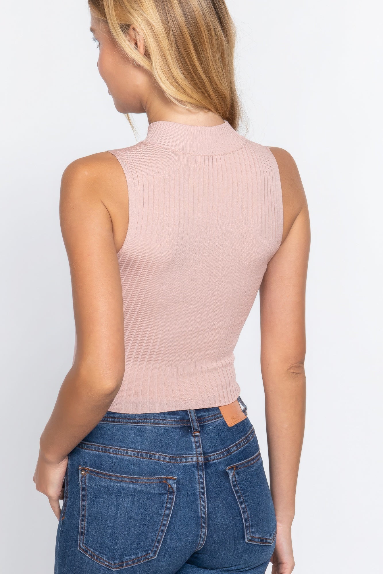 Back view of cloud pink sleeveless rib sweater top