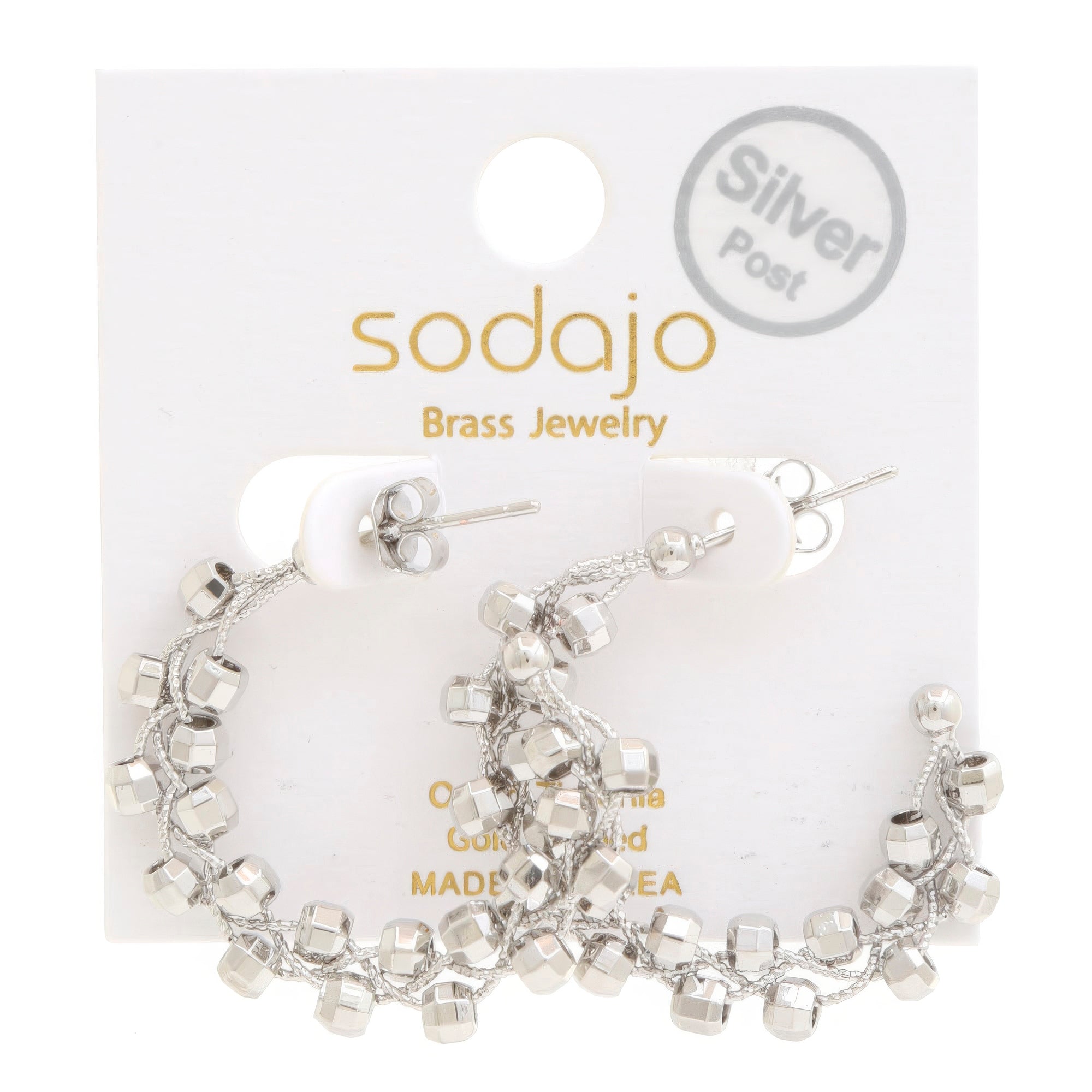 Sodajo Beaded open hoop earrings, rhodium-dipped finish with cube bead links