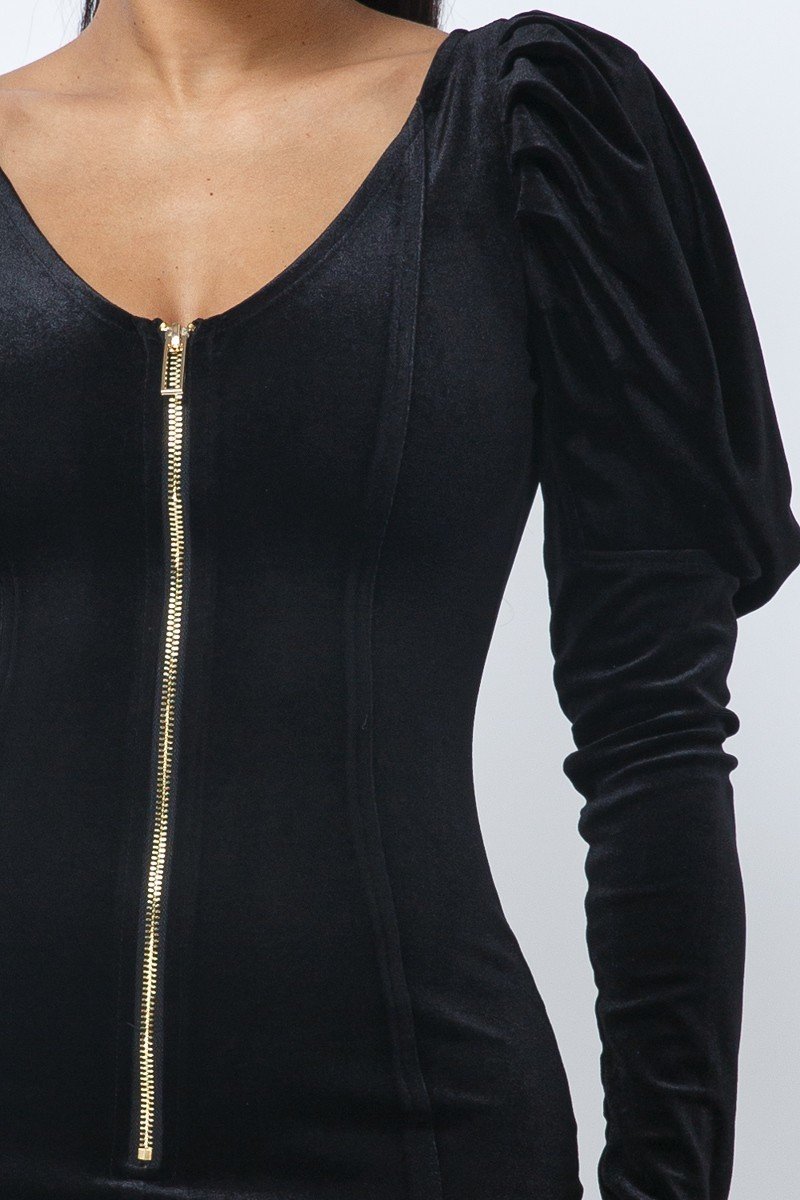 Black velvet dress close-up: gold front zipper and deep V-neck