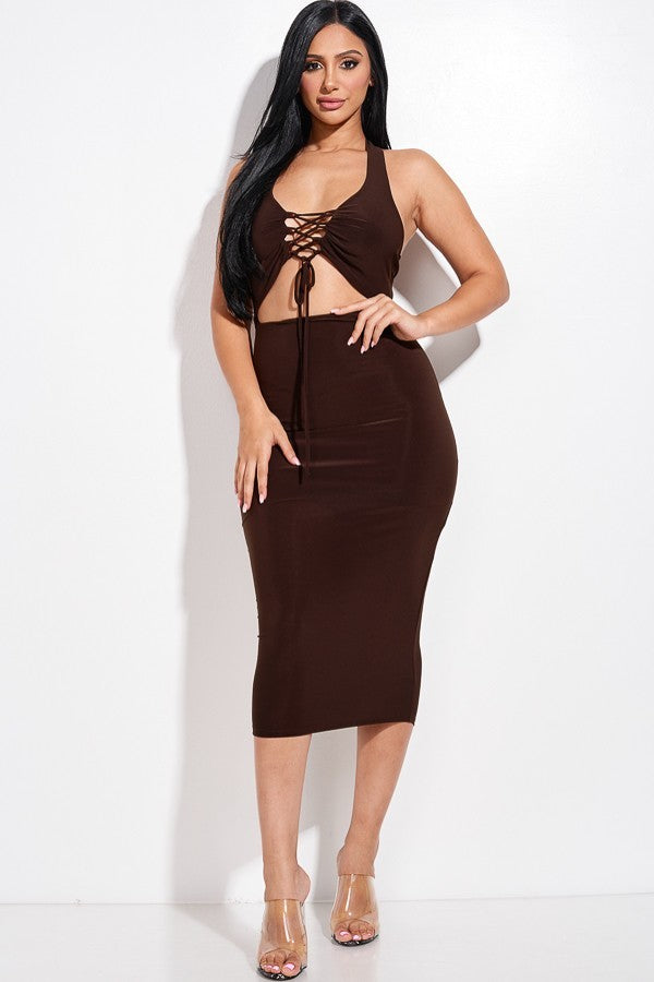 Solid Halter Neck Midi Dress With Criss Cross Front And Cutout - Tigbul's Variety Fashion Shop
