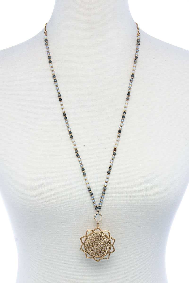 Beaded sunflower pendant necklace with gold filigree flower charm and multicolor beads