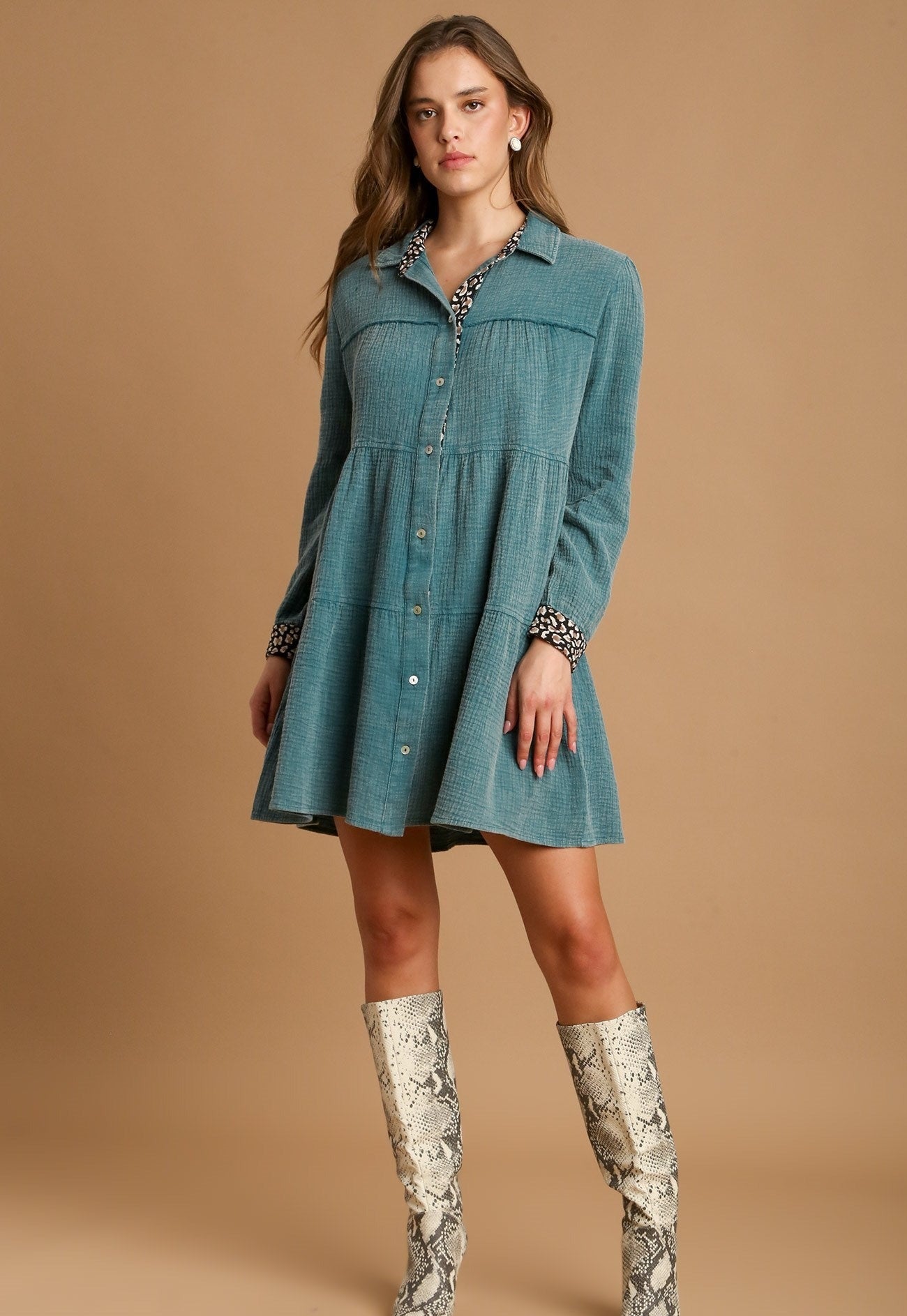 Teal Mineral Wash Cotton Gauze Tiered Dress - Tigbul's Variety Fashion Shop