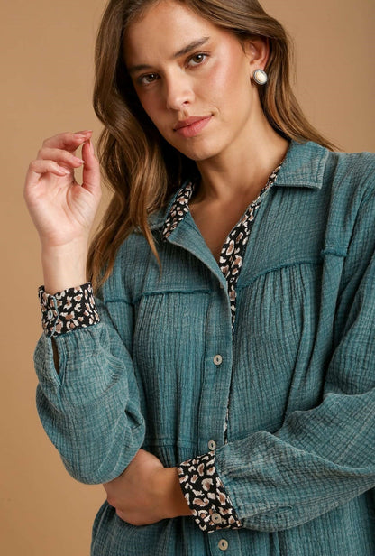 Teal Mineral Wash Cotton Gauze Tiered Dress - Tigbul's Variety Fashion Shop