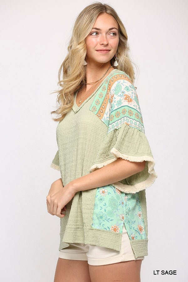 Light Sage mixed knit top, V-neck and patterned half sleeves with flared cuffs