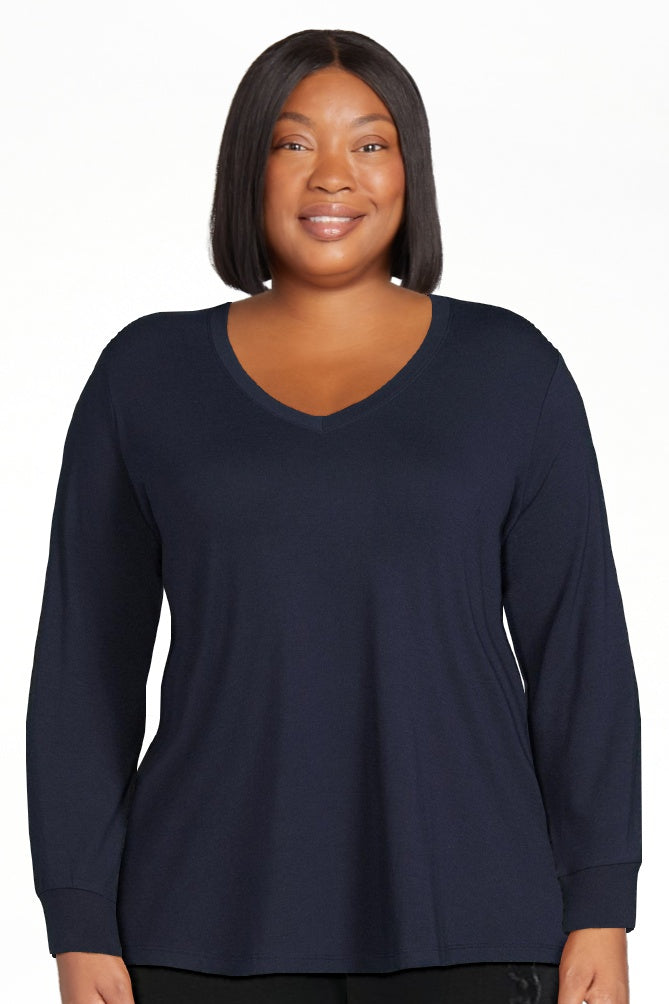 Plus Size Navy V-Neck Semi Fitted T-Shirt with Long Sleeves - Tigbul's Variety Fashion Shop