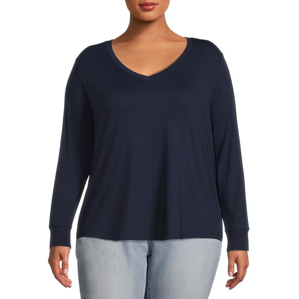 Plus Size Navy V-Neck Semi Fitted T-Shirt with Long Sleeves - Tigbul's Variety Fashion Shop