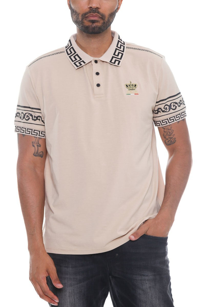 Beige polo button-down shirt with black Greek trim collar and sleeve band, logo chest