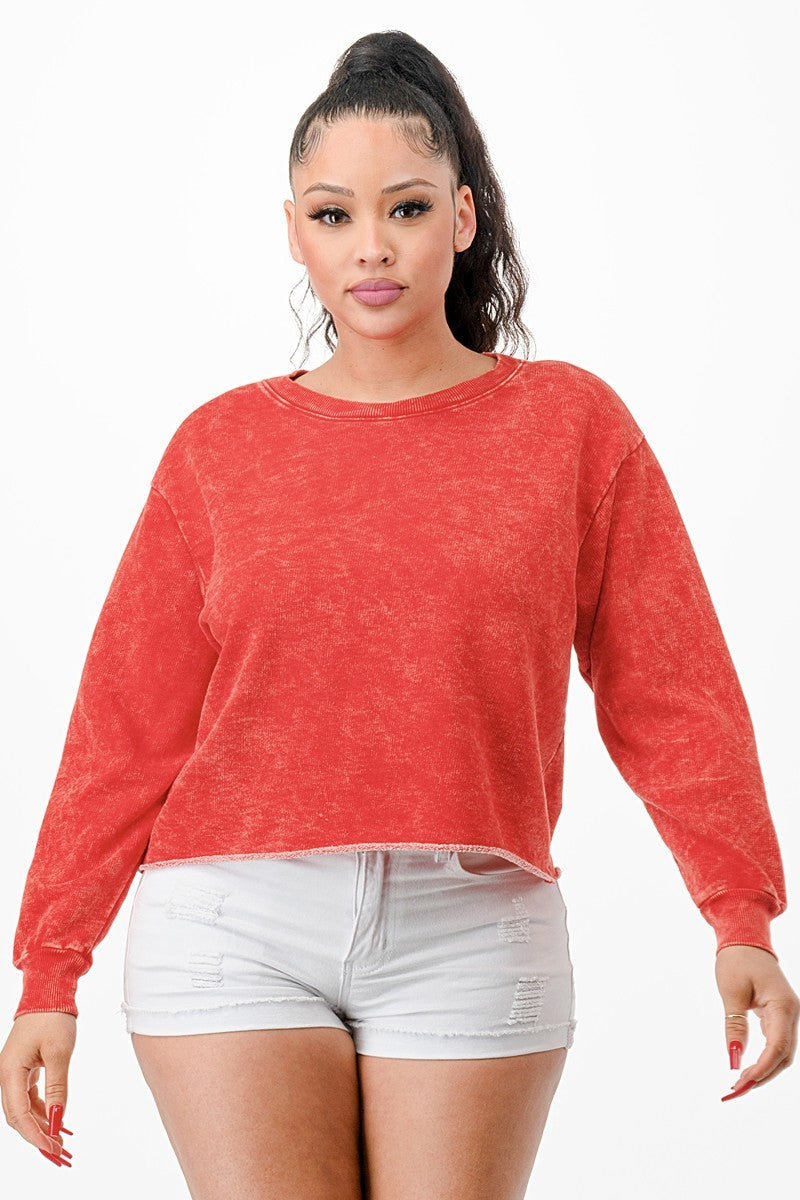 Washed French terry cropped sweatshirt, red crewneck, long sleeves